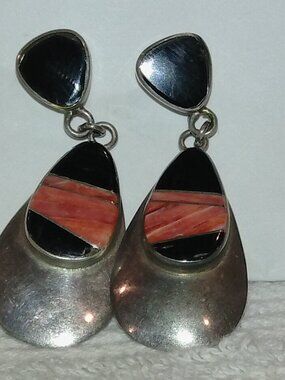 Vintage Marie Tsosie Sterling and Red Spiny Oyster & Onyx Inlay Dangle Earrings